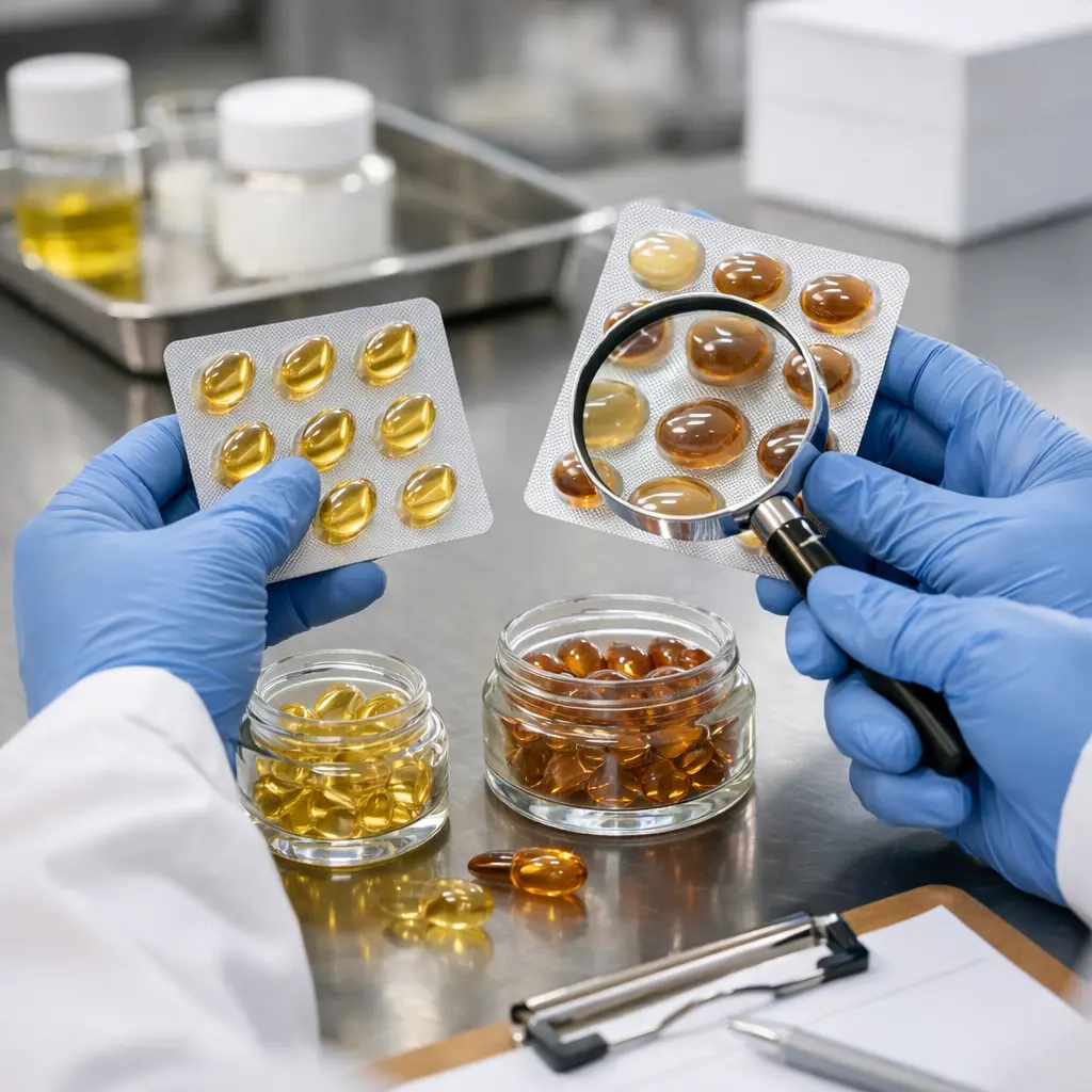 Quality control inspection of facial oil and retinol capsules in blister and jar packaging