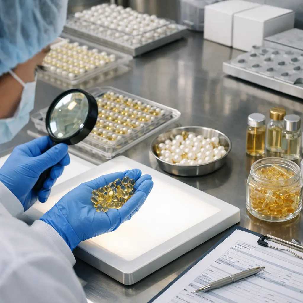 QC operator inspecting serum capsule shell integrity during cosmetic manufacturing