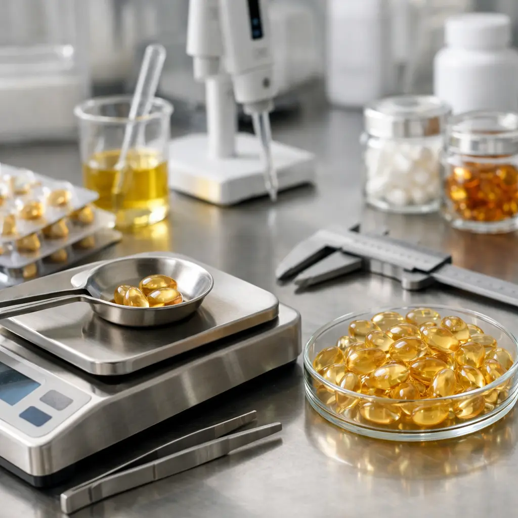 Fill-weight sampling of retinol serum capsules in a cosmetic laboratory