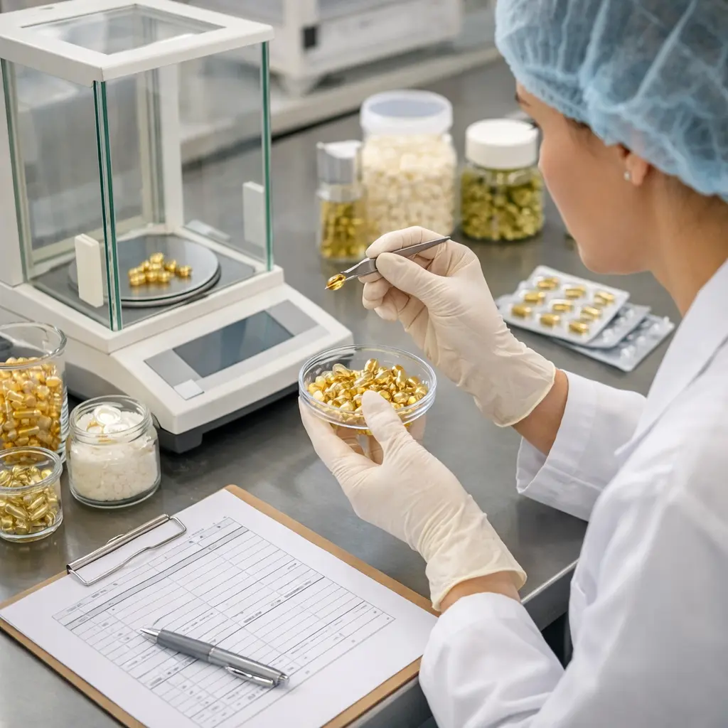 QC technician reviewing serum capsule fill-weight samples in a cosmetics laboratory