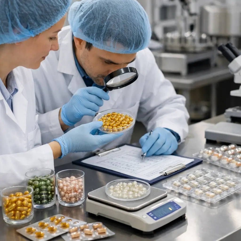 Serum capsule shell inspection and fill-weight review in a cosmetic manufacturing laboratory
