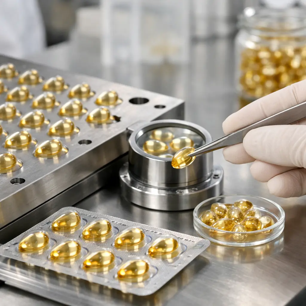 Softgel capsule mold and filled facial serum capsules during production inspection