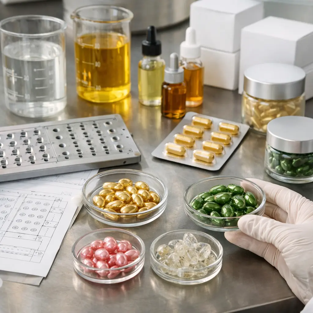 OEM ODM team reviewing serum capsule samples, shell options, mold fit, and final packaging compatibility