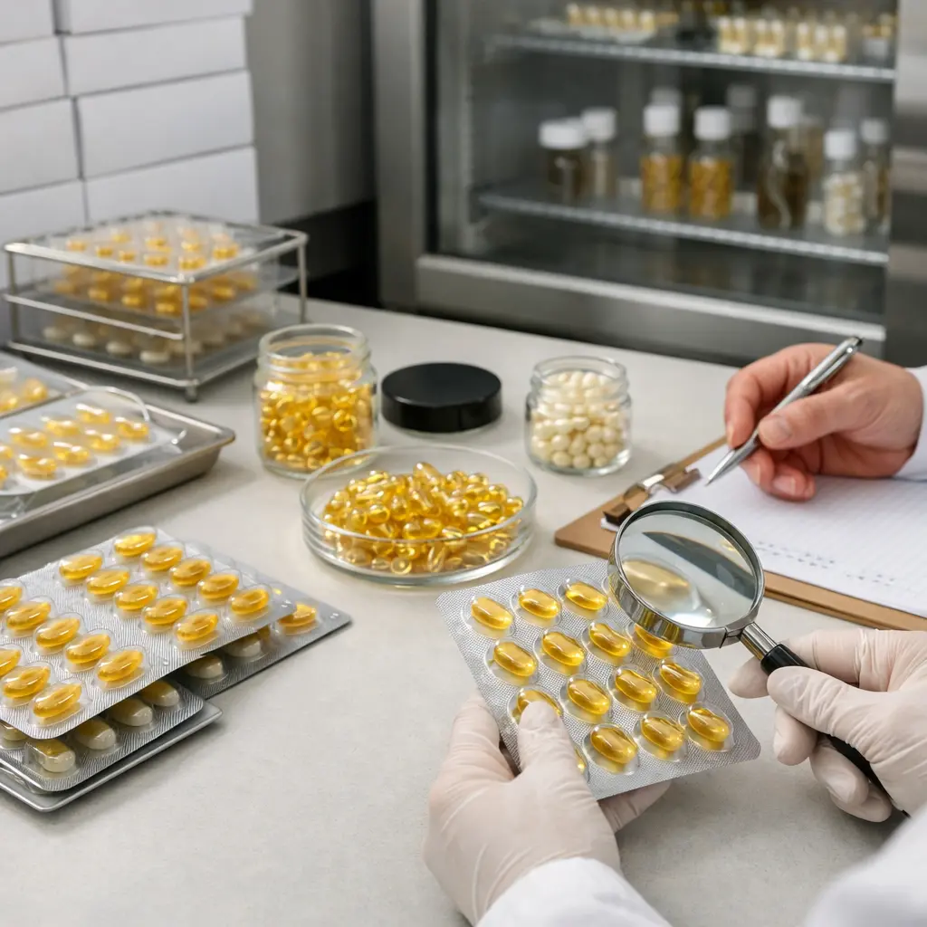 Quality control inspection of retinol and facial oil capsules in blister and jar packaging during stability review