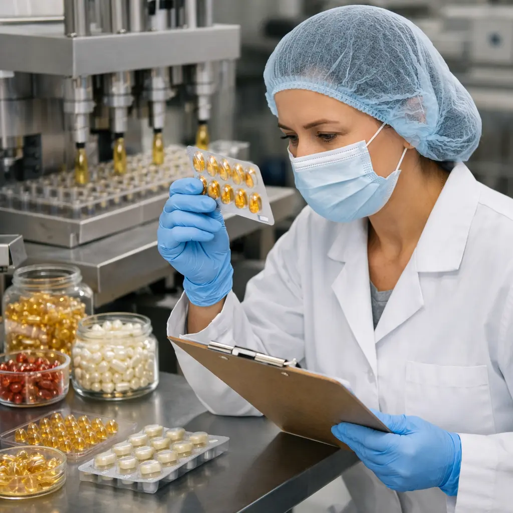 Quality-control inspection of serum capsule shell integrity in a skincare manufacturing laboratory