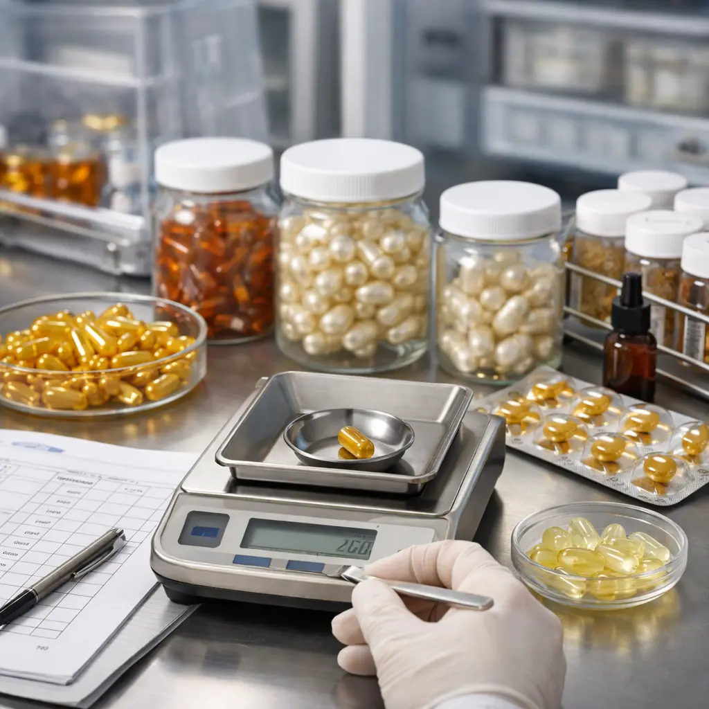 Retinol capsule stability review with retained skincare samples and fill-weight inspection