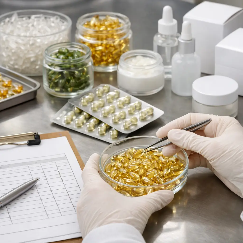 OEM ODM technician inspecting filled serum capsules beside shell and packaging samples