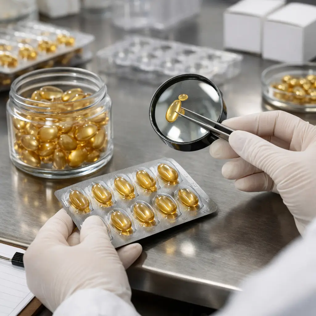 QC inspection of retinol and facial oil capsules in blister and jar packaging