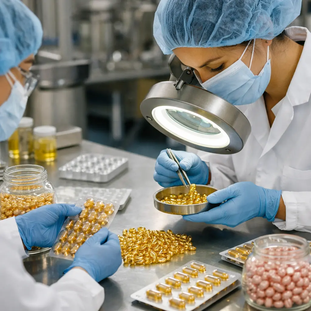 Quality technician inspecting serum capsule shells and seals during softgel manufacturing