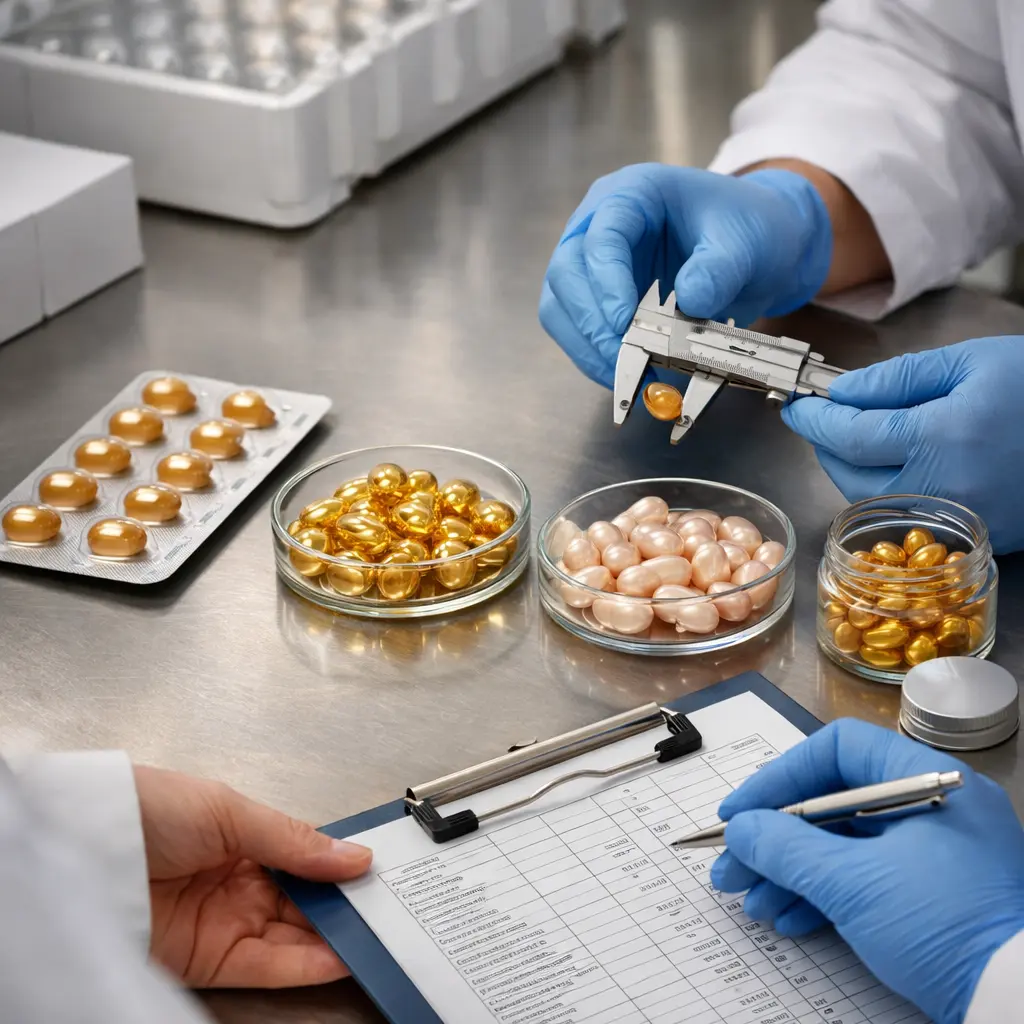 OEM ODM technicians reviewing filled serum capsules, fill weight records, blister packaging, and jar compatibility