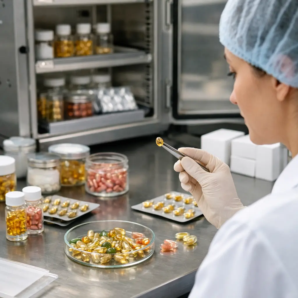 Quality control inspection of serum capsules after heat and humidity stability testing for shell integrity and leakage