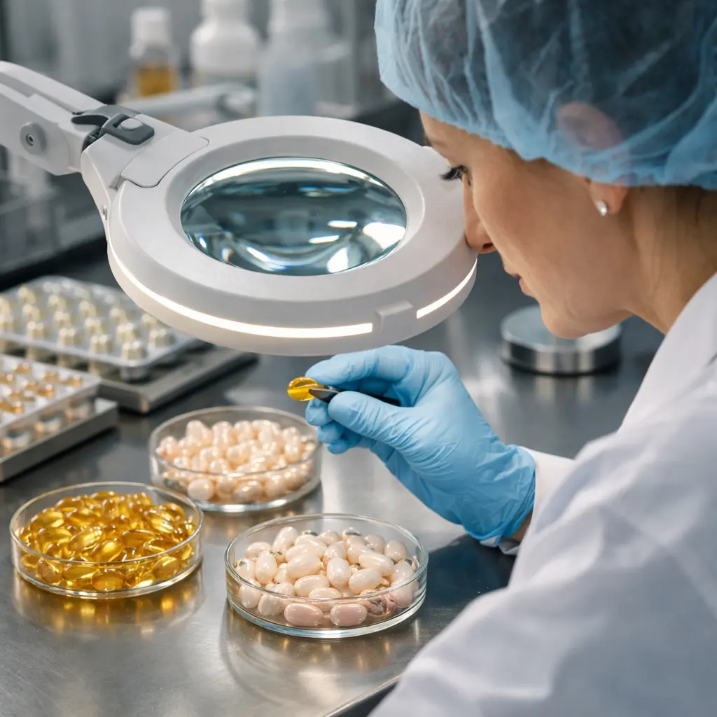 Cosmetic capsule shell inspection for color, seam, and surface consistency