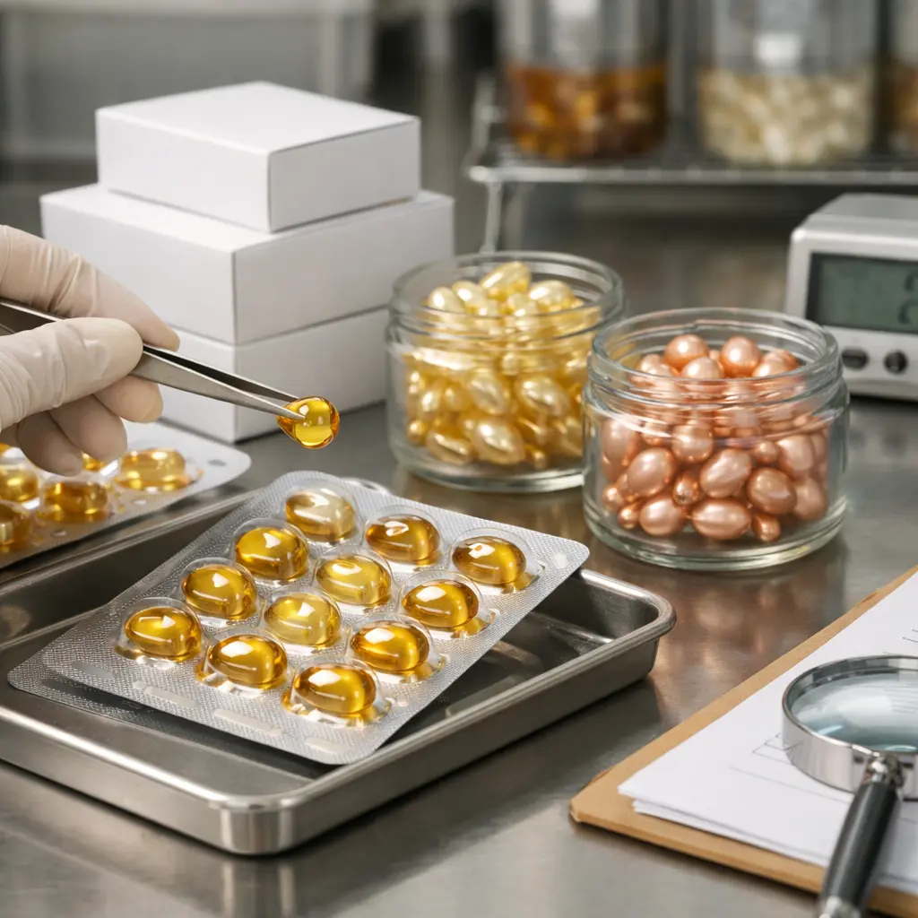 Quality control inspection of retinol and facial oil capsules in blister and jar packaging