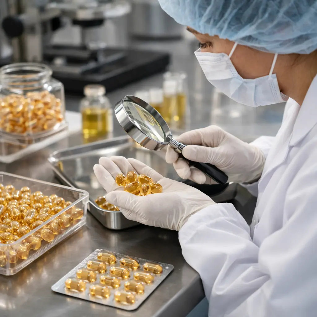 QC inspection of serum capsule shell and seal integrity in a cosmetic laboratory
