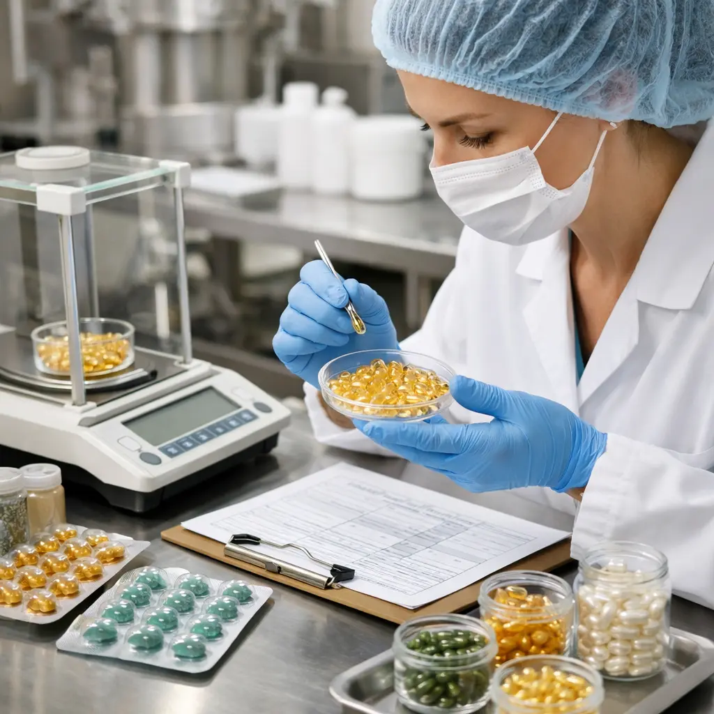 Technician checking serum capsule fill weight during cosmetic manufacturing QC