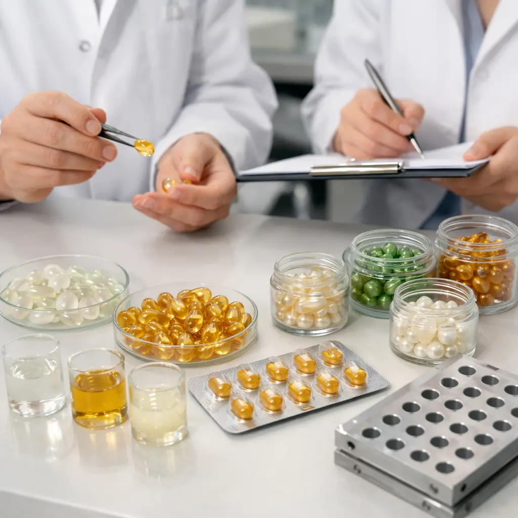 Cosmetic laboratory reviewing serum capsule shell samples and blister packaging for an OEM ODM launch