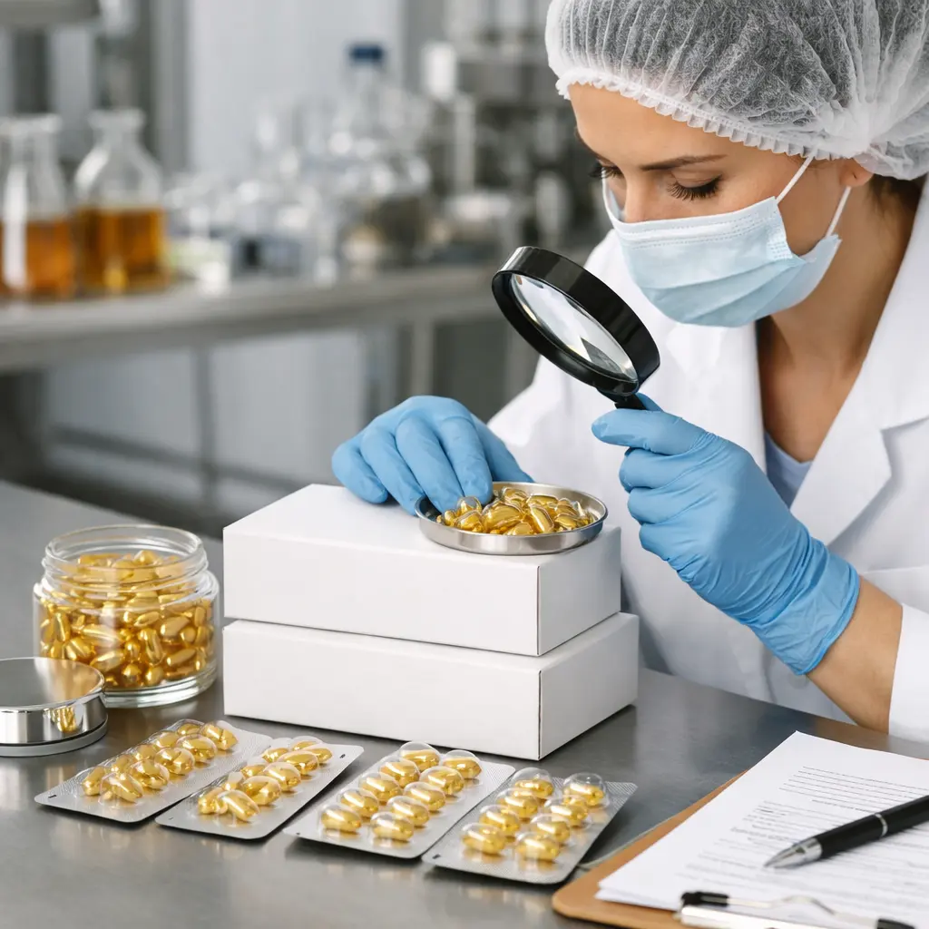 Quality-control inspection of serum capsules, jar compatibility, and sealed cosmetic cartons