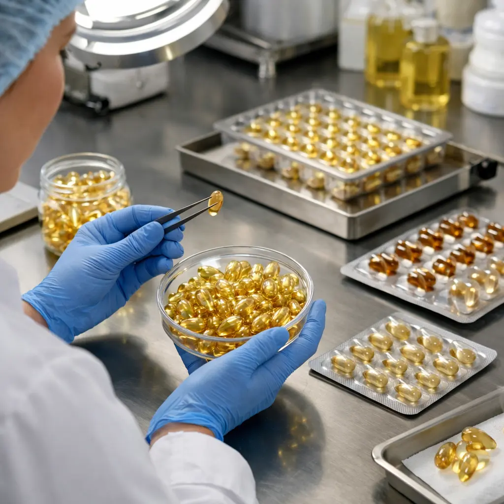 Serum capsule shell inspection and leakage review in a cosmetic manufacturing laboratory