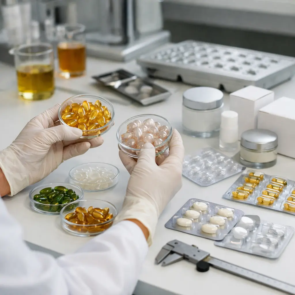 OEM ODM technician inspecting serum capsule shell samples, fill consistency, and packaging compatibility