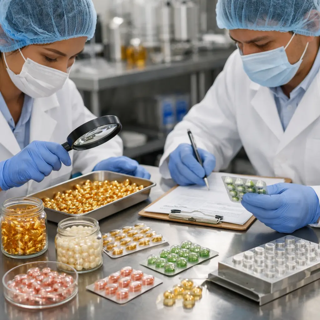 Technician inspecting filled serum capsule shells during cosmetic quality control