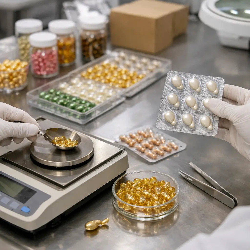 Fill-weight sampling and seal inspection for softgel skincare capsules
