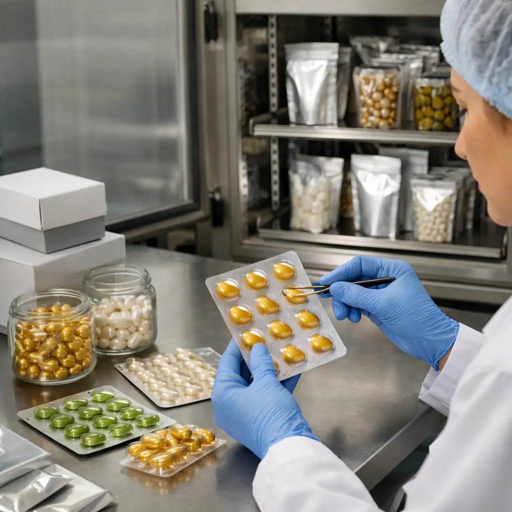 Quality control inspection of skincare capsules and stability packaging samples