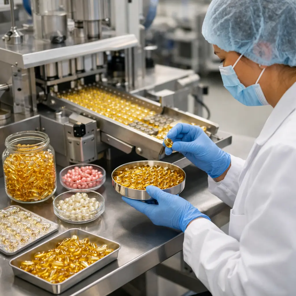 Serum capsule shell inspection beside a cosmetic softgel filling line