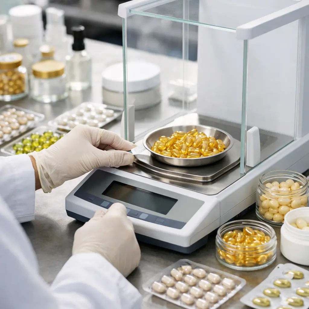Fill-weight sampling for facial oil serum capsules in a cosmetic laboratory
