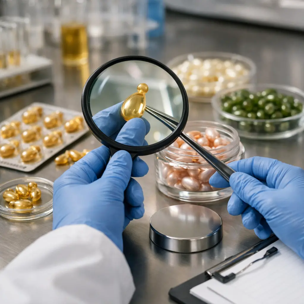 Quality control inspection of serum capsule shell integrity, fill consistency, leakage risk, and packaging condition