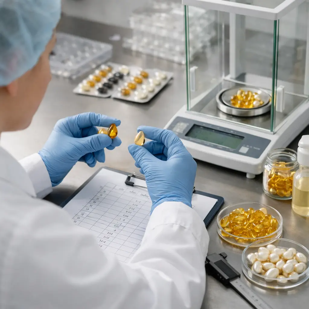 Lab technician reviewing coded facial oil capsule samples and fill-weight results