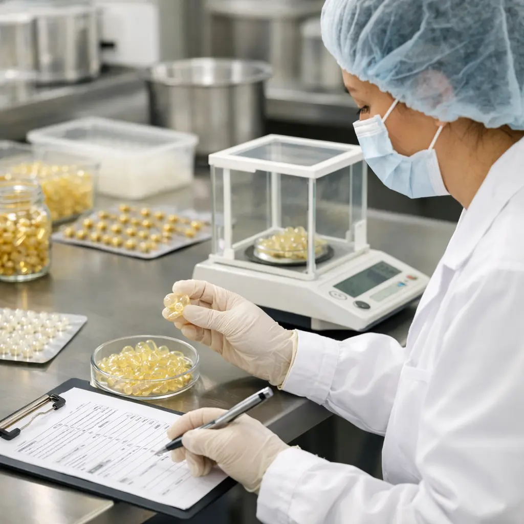 Vegan capsule shell and fill-weight QC inspection in a cosmetics laboratory