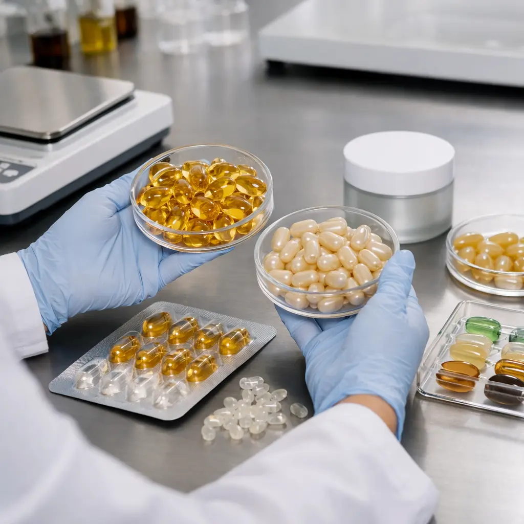 Technician reviewing serum capsule samples, shell options, and packaging compatibility in a cosmetics laboratory