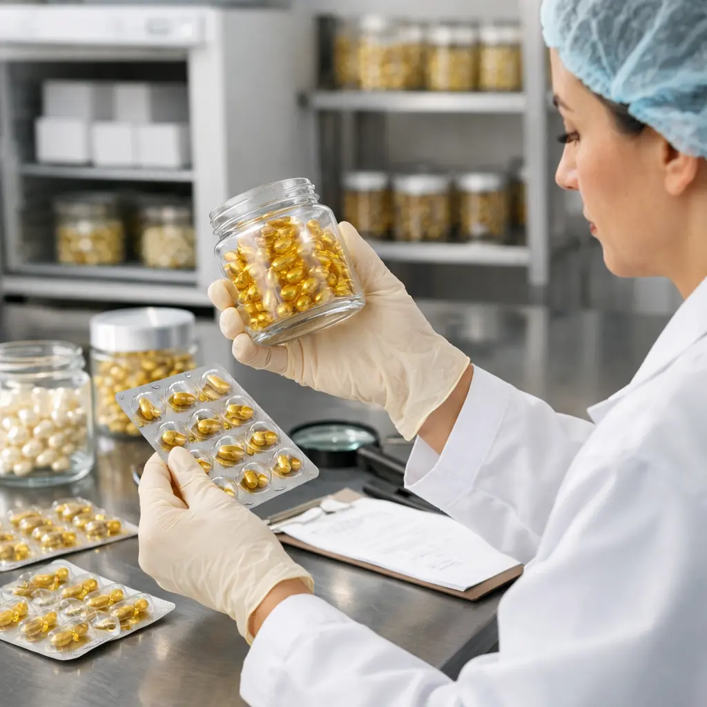 Quality control inspection of facial oil capsule jars and blister packaging after stability storage