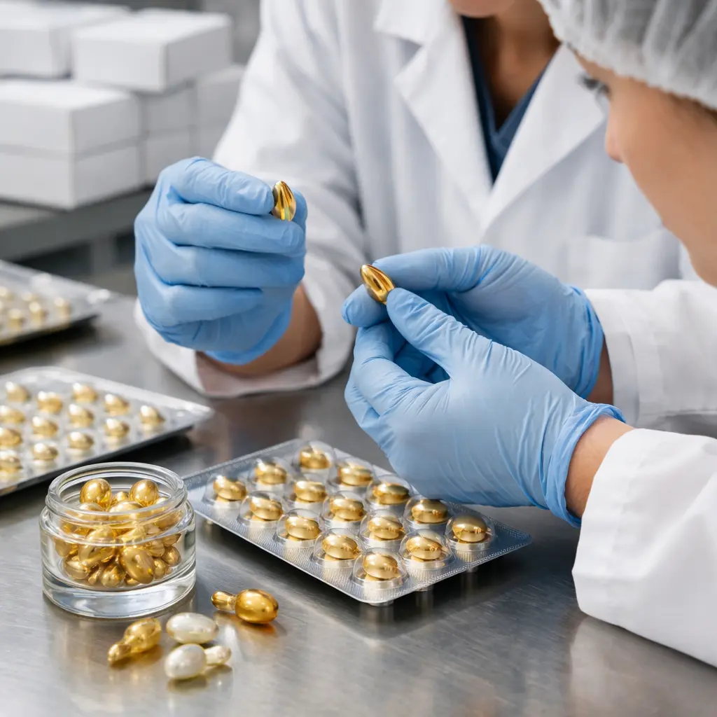 OEM ODM technicians inspecting filled serum capsule shells beside blister and jar packaging