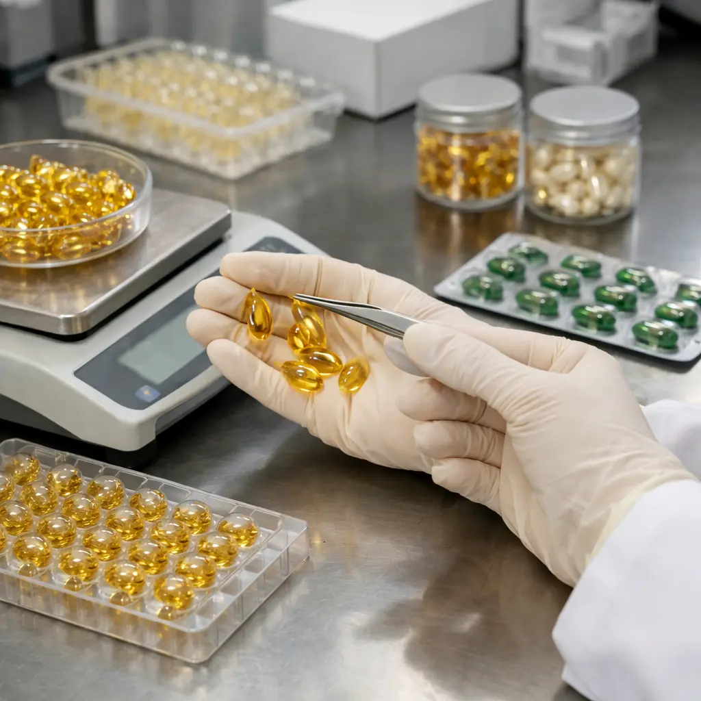 OEM laboratory technician inspecting serum capsule shells and fill-weight samples beside blister packaging