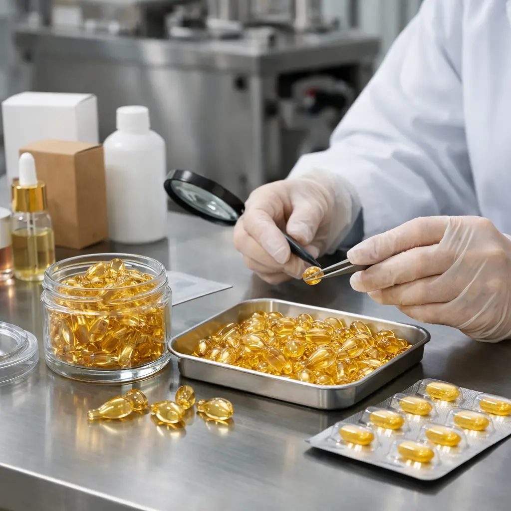 Hair oil capsule shell inspection beside private label packaging samples