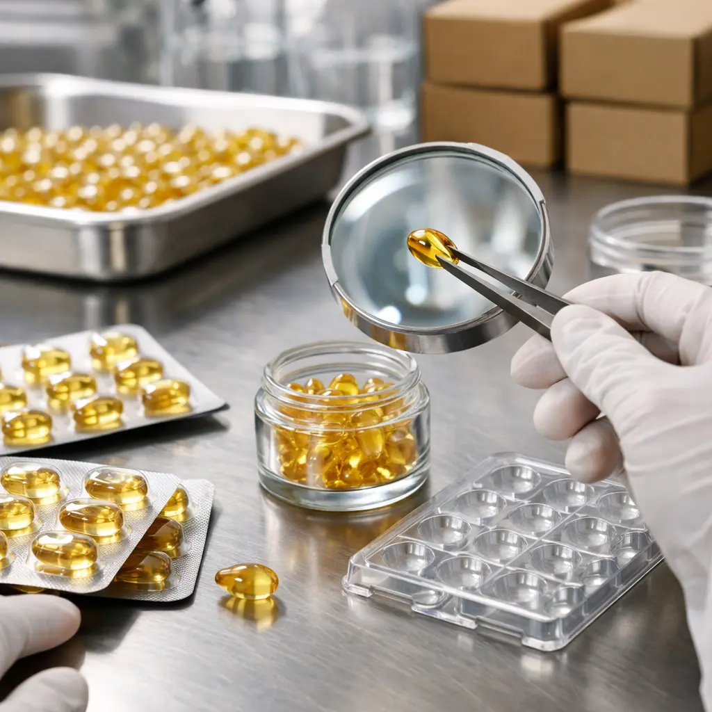 Serum capsule QC inspection with blister packaging and jar compatibility samples