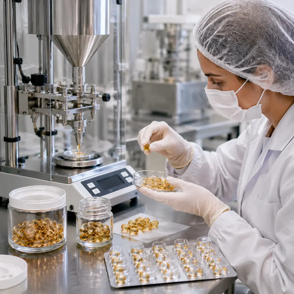 Retinol capsule shell inspection and fill-weight sampling in a skincare manufacturing laboratory