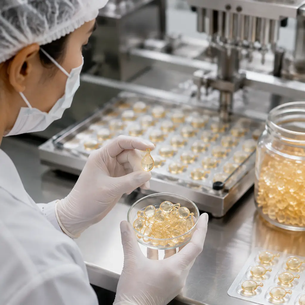 Quality inspection of retinol serum capsule shells and filled skincare capsules