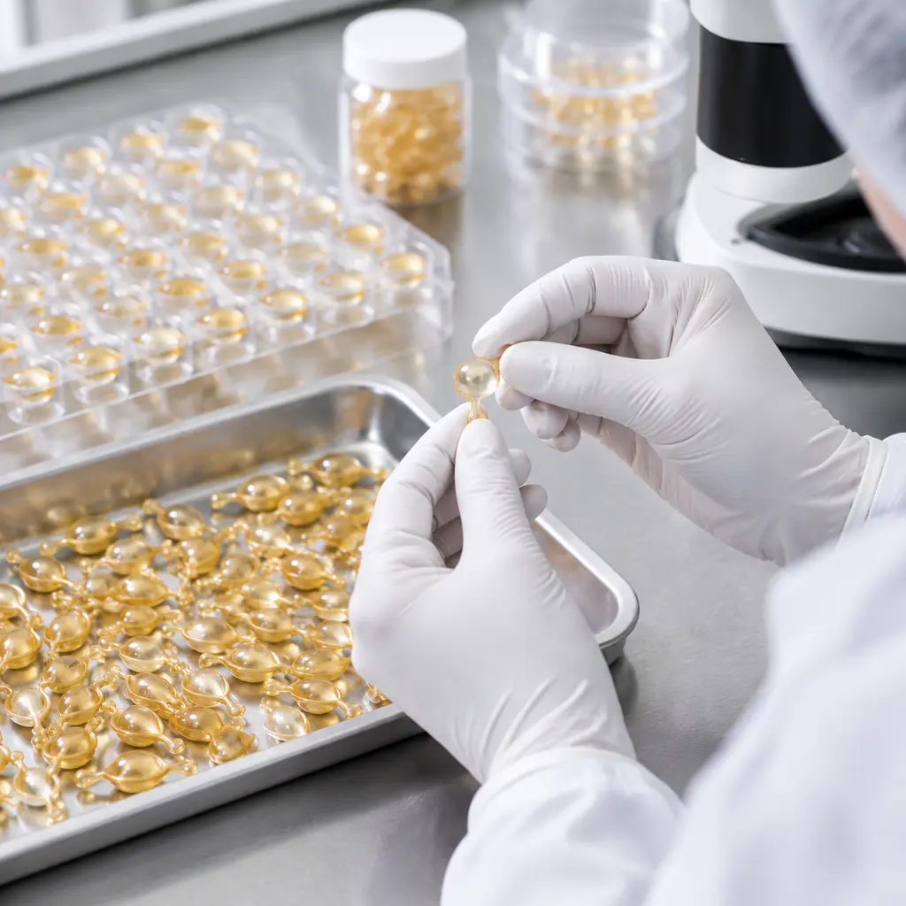 eye serum capsule shell inspection during cosmetic softgel QC review