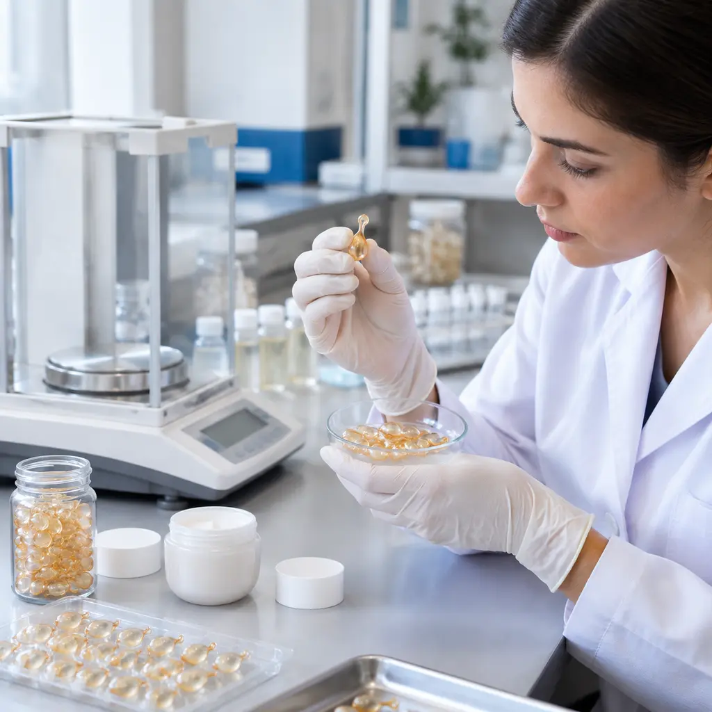 Eye serum capsule fill-weight sampling and jar packaging review in a cosmetics laboratory