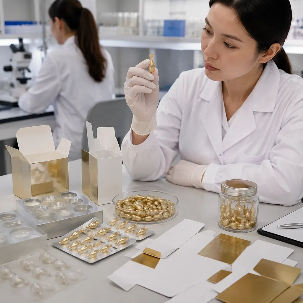 Quality technician reviewing serum capsule carton packaging and filled capsule samples