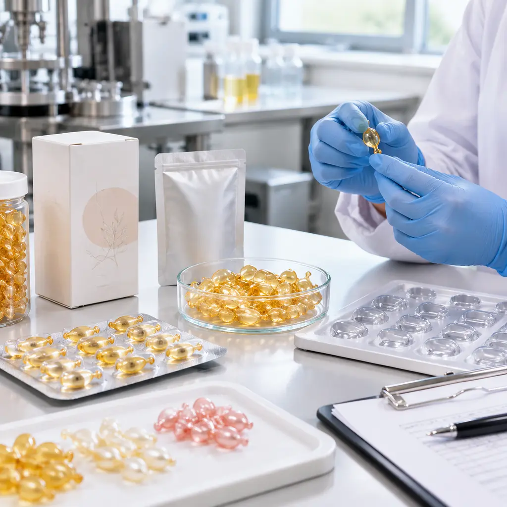 OEM skincare lab reviewing serum capsule carton blister pouch and fill weight samples