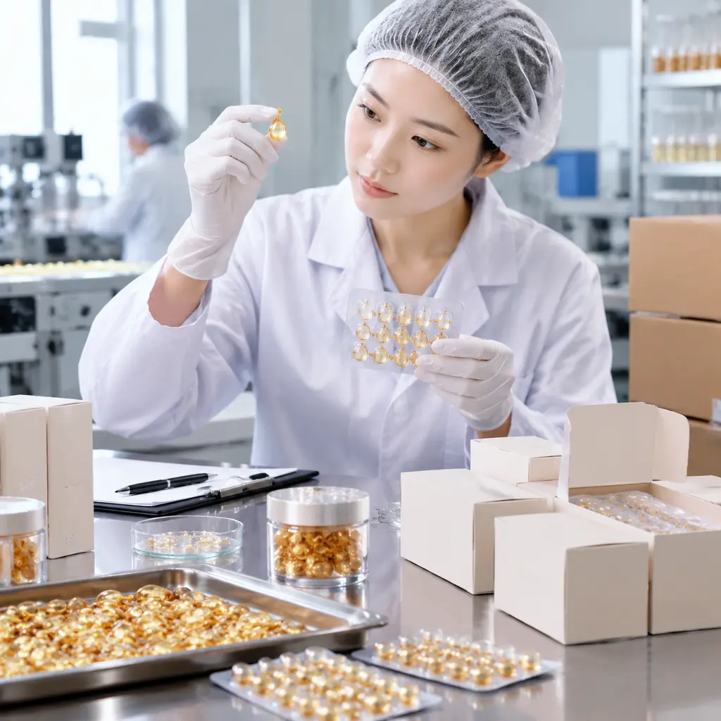 Quality control technician inspecting retinol serum capsules and final carton packaging