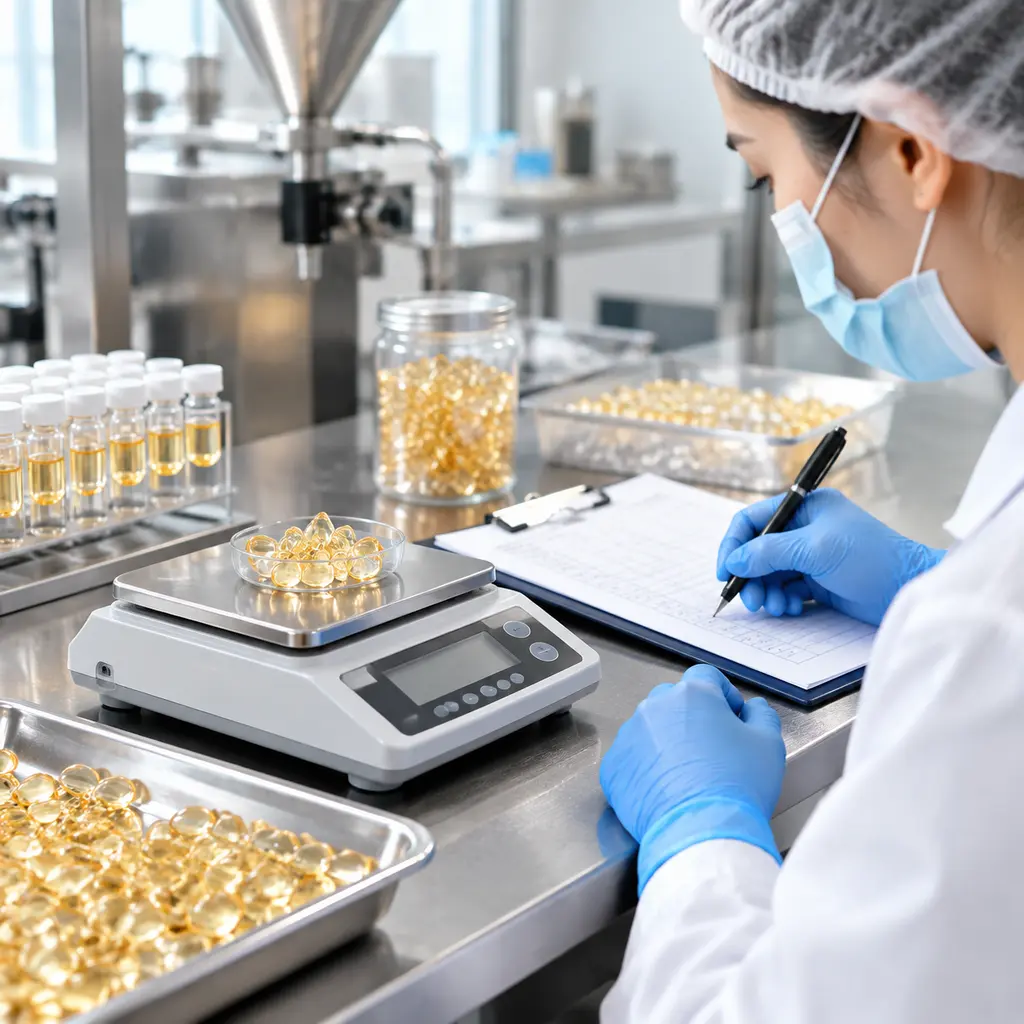 Serum capsule fill-weight sampling in a cosmetic manufacturing laboratory