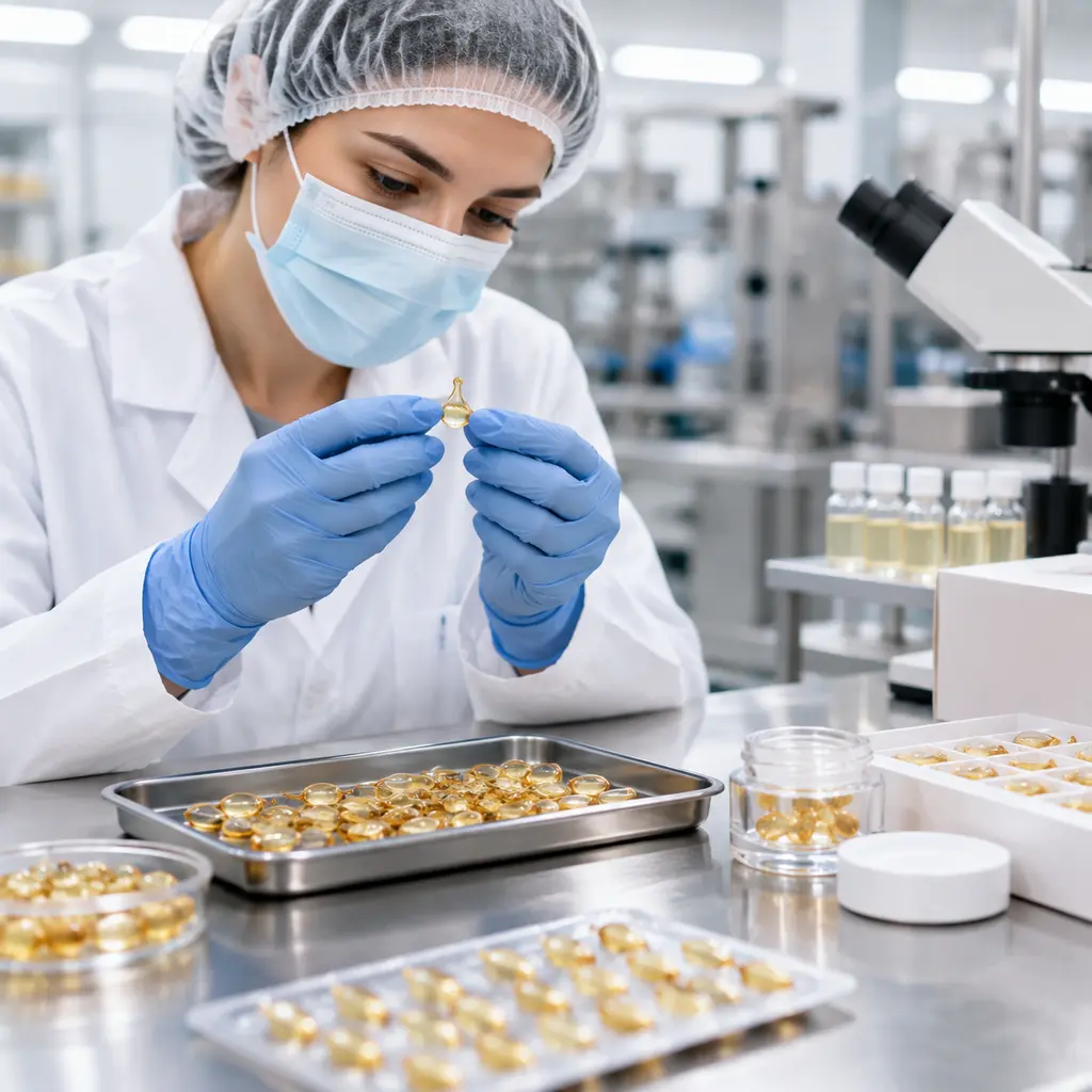 Technician inspecting serum capsule seams, fill appearance, and packaging condition