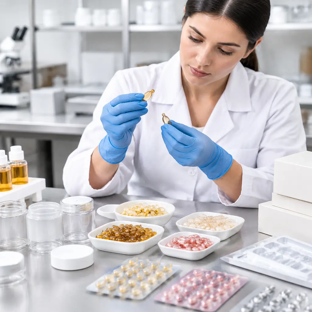 Hair oil capsule sample confirmation and packaging compatibility review in a cosmetics laboratory