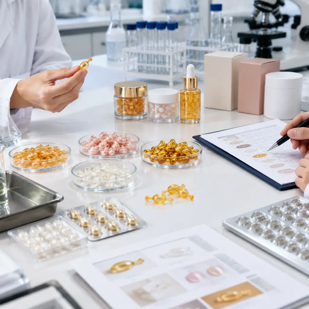 Serum capsule samples and packaging reviewed during private label product scoping