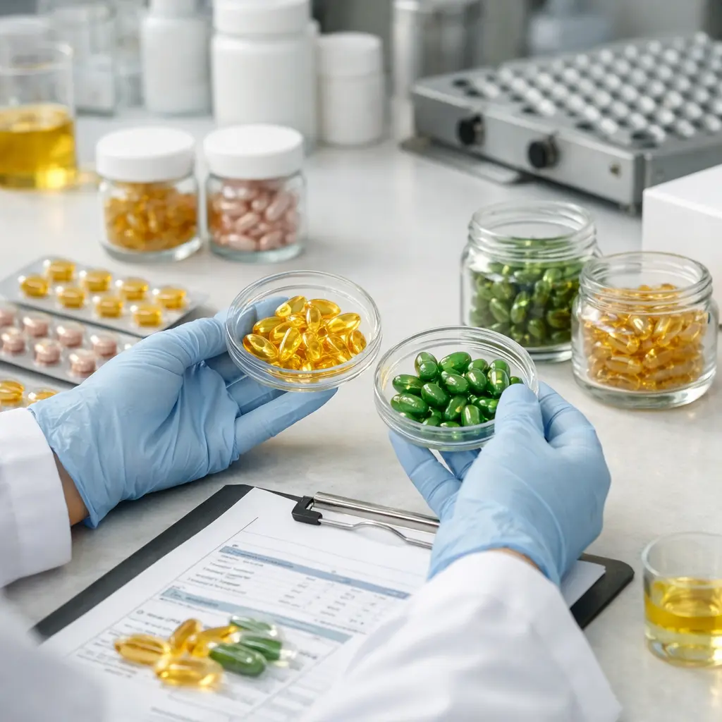 OEM ODM technician comparing approved serum capsule samples beside filled packaging