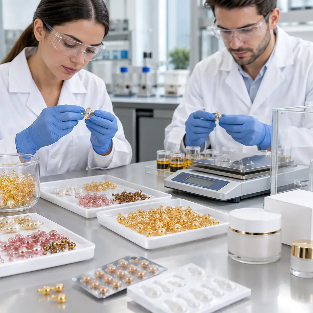 Serum capsule prototype review with shell samples, fill-weight balance, jar, and blister packaging